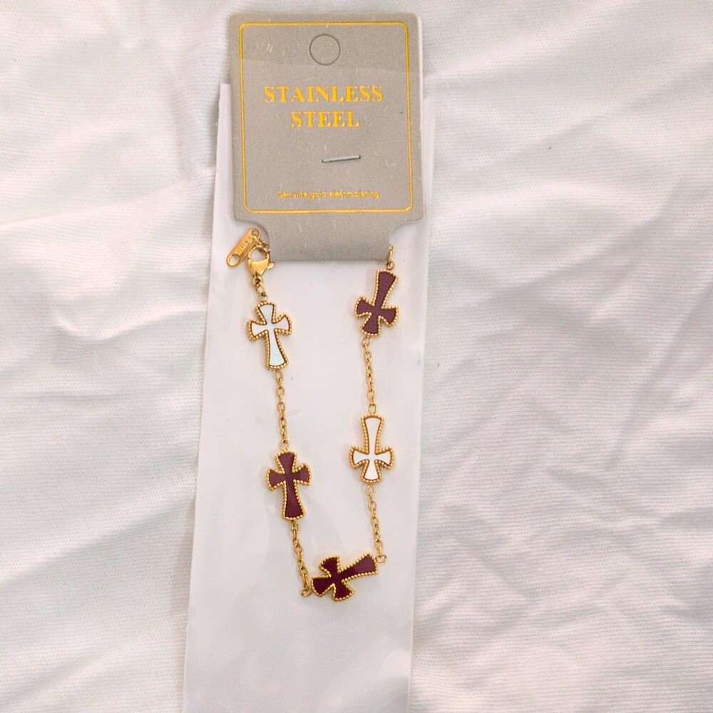 Stainless Steel Gold Tone Purple Cross Charm Pendant Cable Chain Necklace